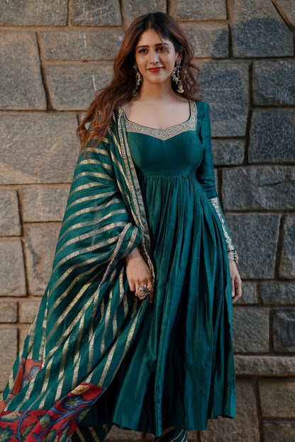 Ramagreen Hand Embroidered Anarkali Set With Kalamkari Detailing