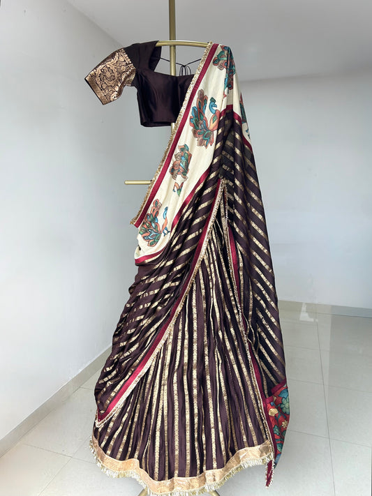 Brown Zari Stripes Peacock Themed Kalamkari Lehenga Set