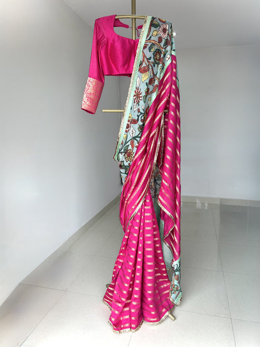 Hot-Pink Zari Stripes Saree Set