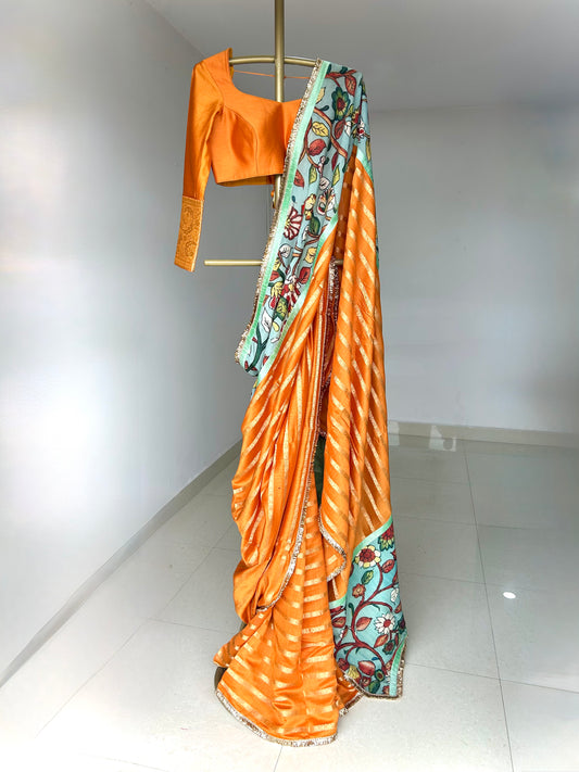 Mustard-Orange Zari Stripes Saree Set