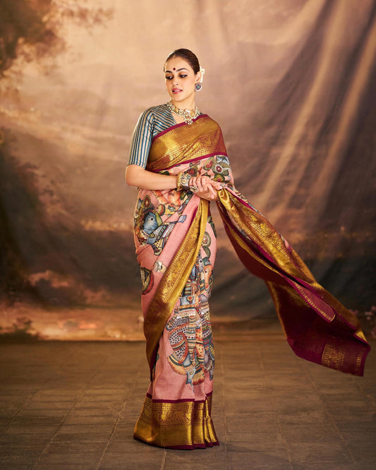 Hand-Painted Kalamkari Kanjeevaram Natyam Themed Saree