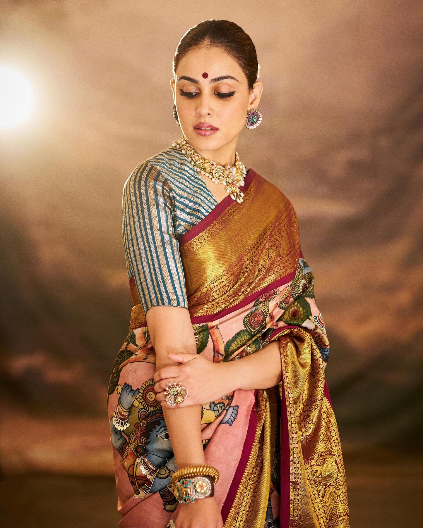 Hand-Painted Kalamkari Kanjeevaram Natyam Themed Saree