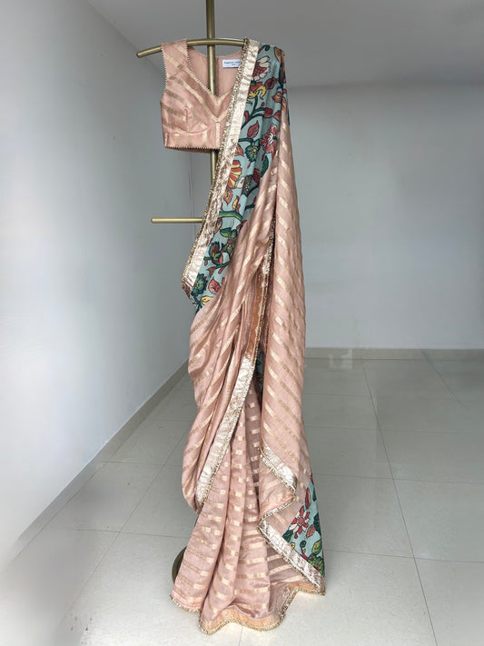 Rose Ivory Zari Stripes Saree Set