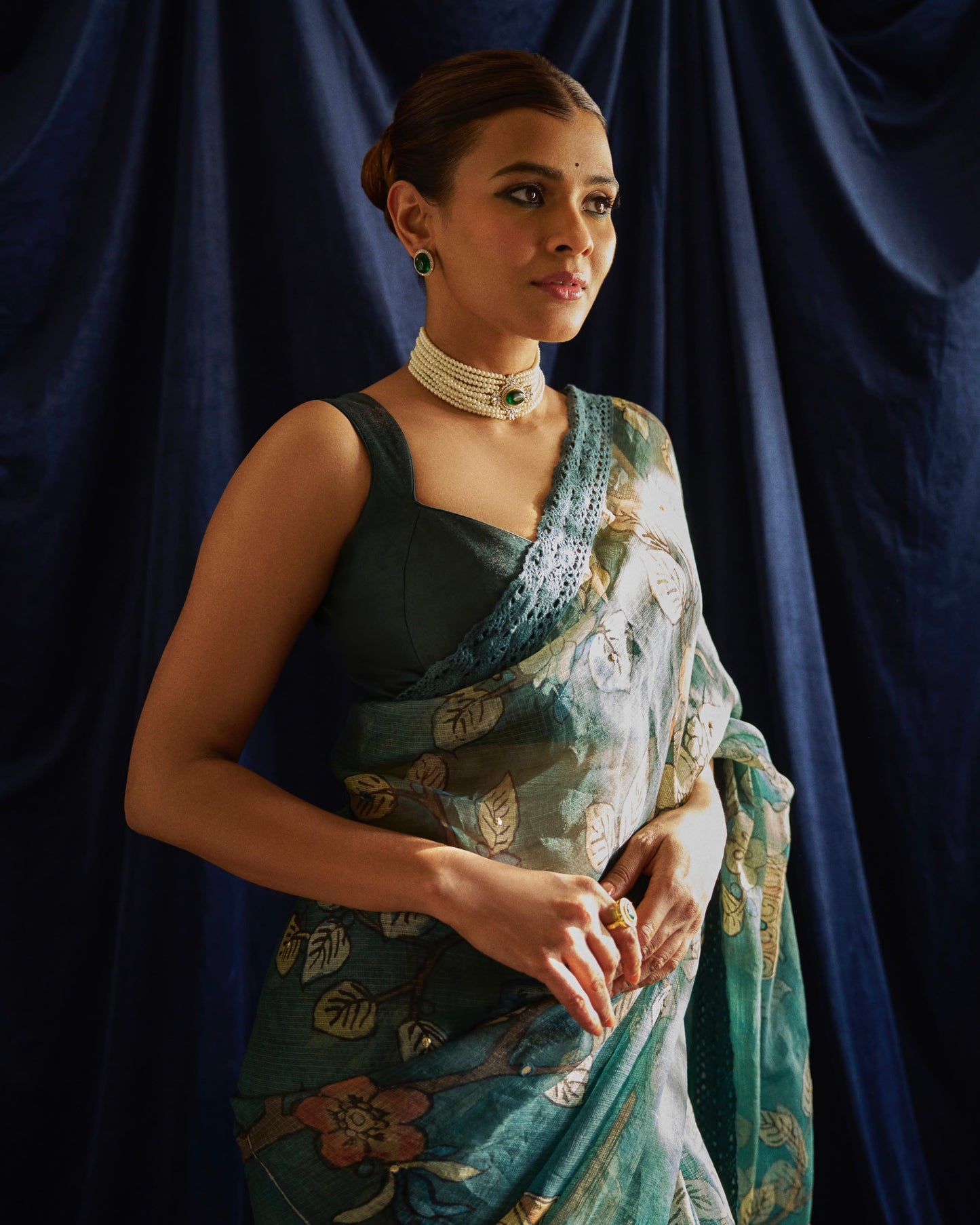 Ramagreen bird cage Hand-Painted Kalamkari Saree Set