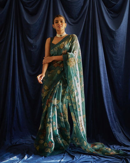 Ramagreen bird cage Hand-Painted Kalamkari Saree Set