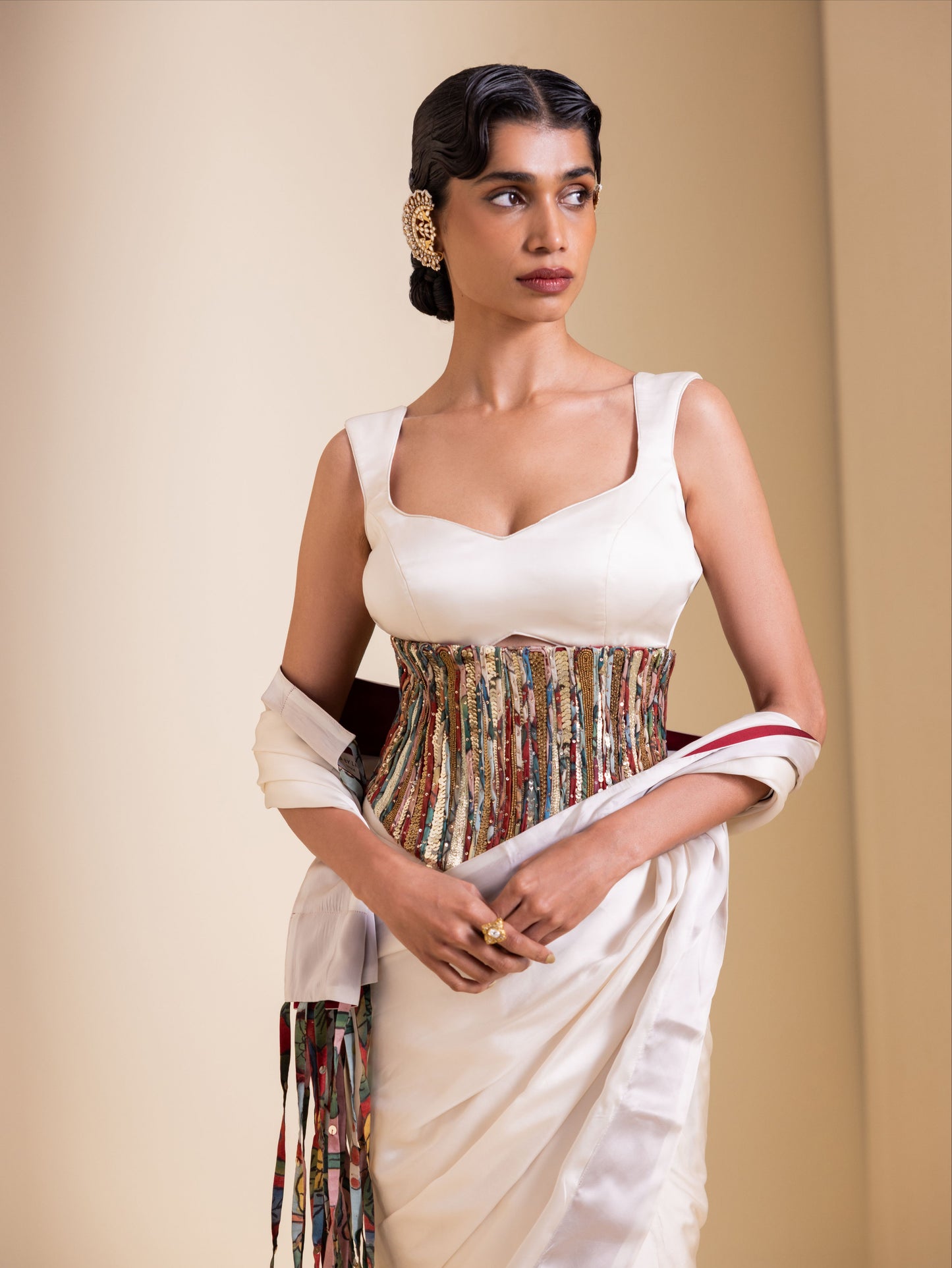 Crafted Inch Pre-Drape Saree Set with Corset Belt