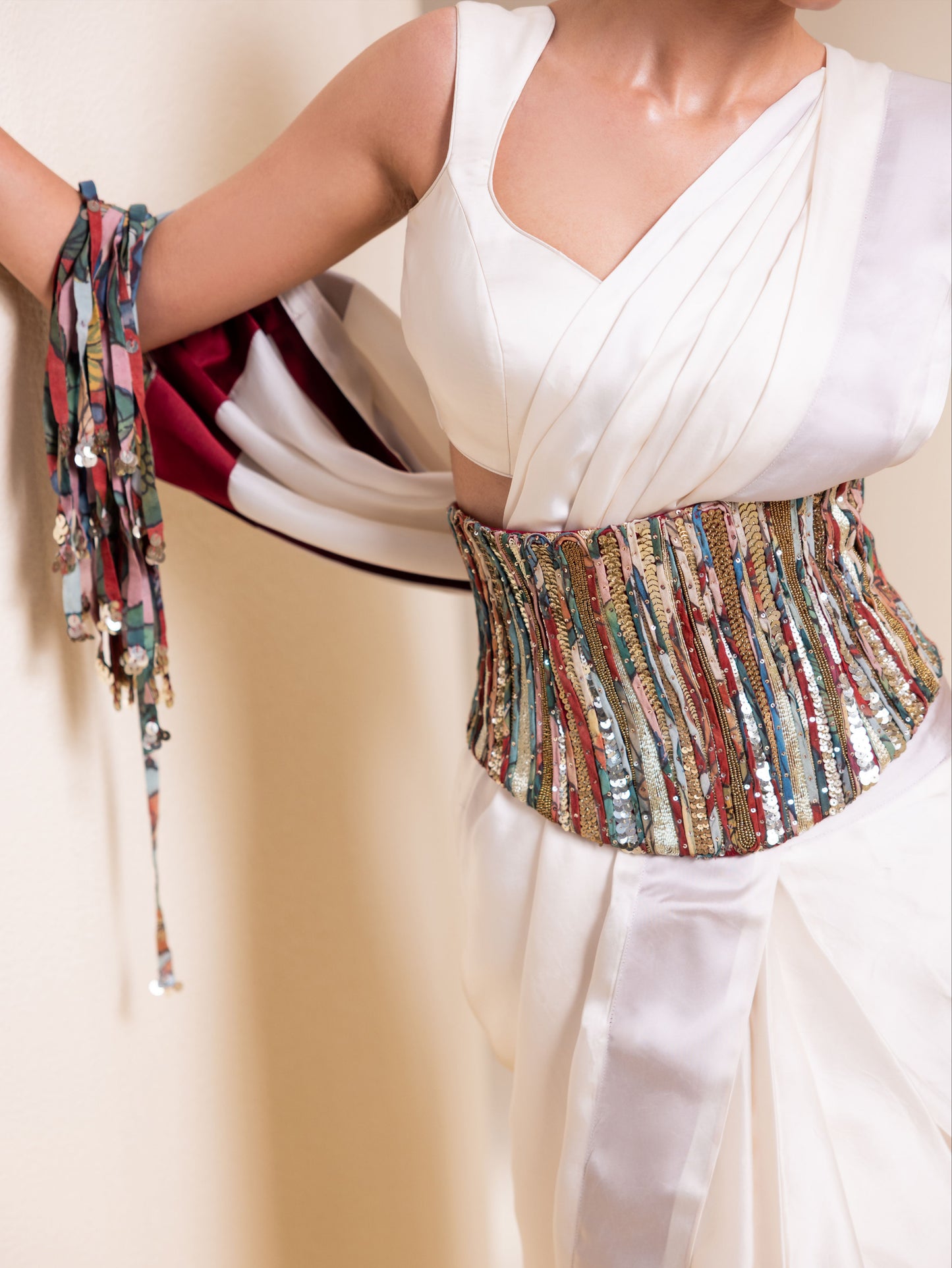 Crafted Inch Pre-Drape Saree Set with Corset Belt