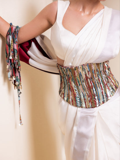 Crafted Inch Pre-Drape Saree Set with Corset Belt