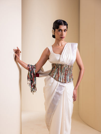 Crafted Inch Pre-Drape Saree Set with Corset Belt