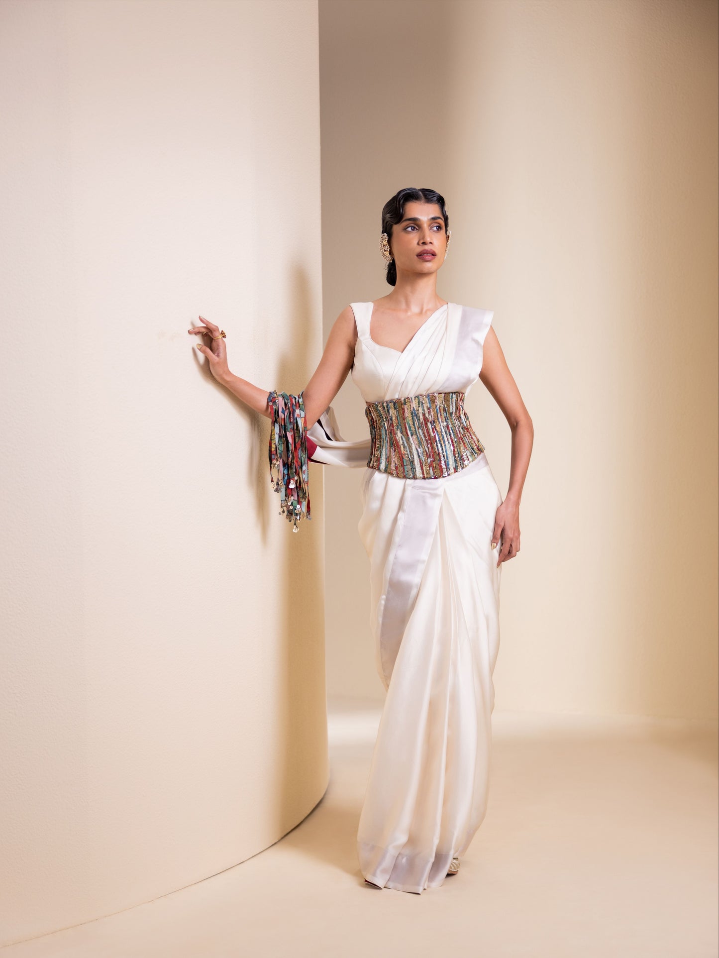 Crafted Inch Pre-Drape Saree Set with Corset Belt