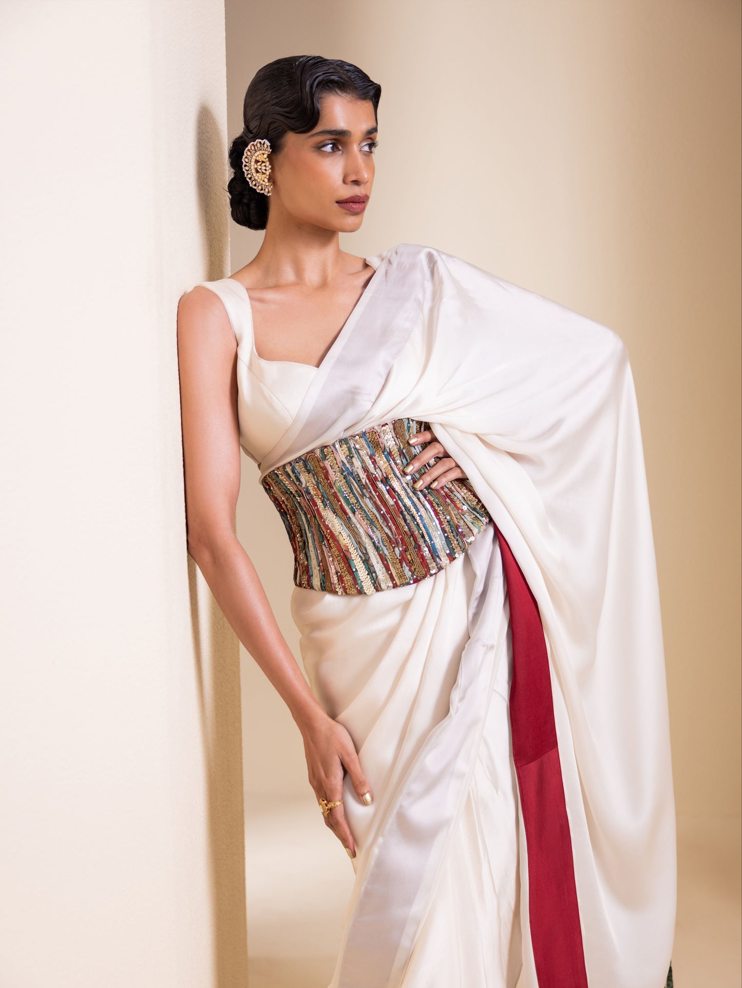 Crafted Inch Pre-Drape Saree Set with Corset Belt