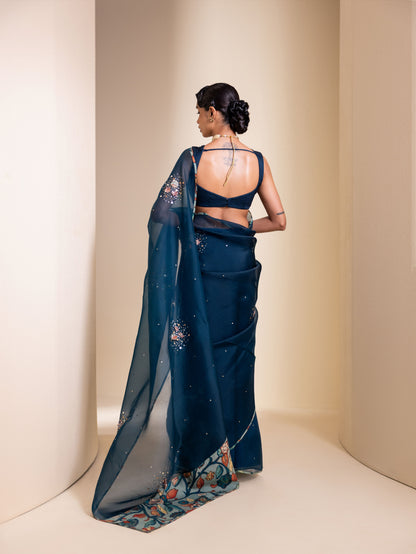 Peacock Blue Organza Saree Set