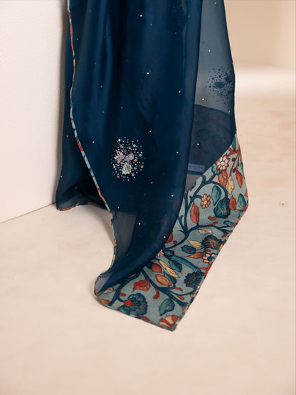 Peacock Blue Organza Saree Set