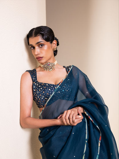 Peacock Blue Organza Saree Set