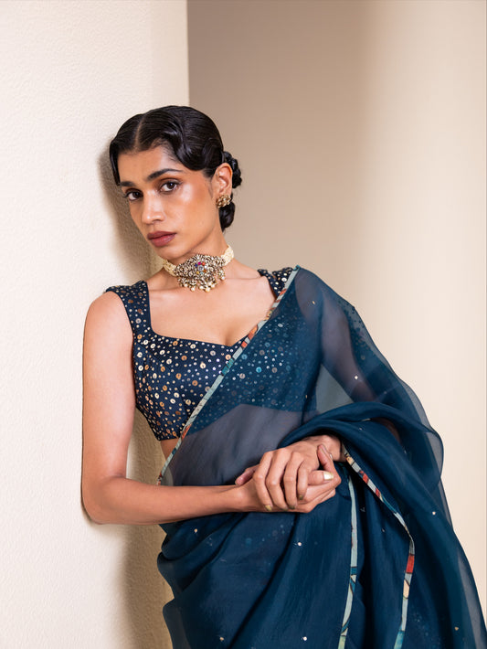 Peacock Blue Organza Saree Set