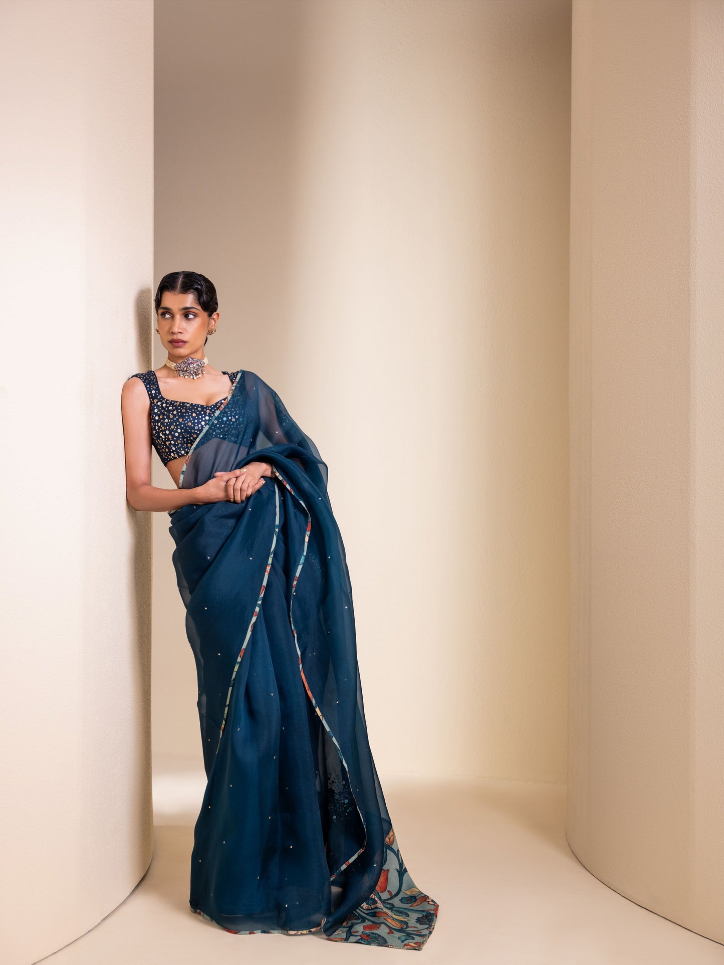 Peacock Blue Organza Saree Set