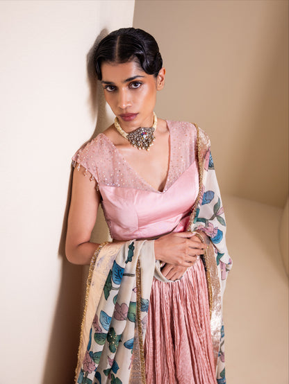 Gulabi Noor Lehenga Set With Birds Outside Cages Kalamkari Dupatta