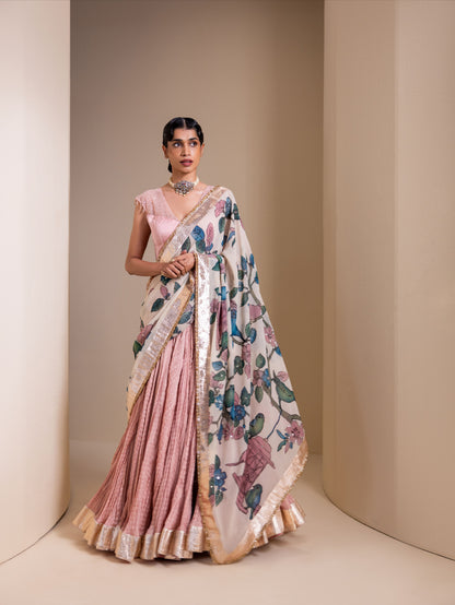 Gulabi Noor Lehenga Set With Birds Outside Cages Kalamkari Dupatta