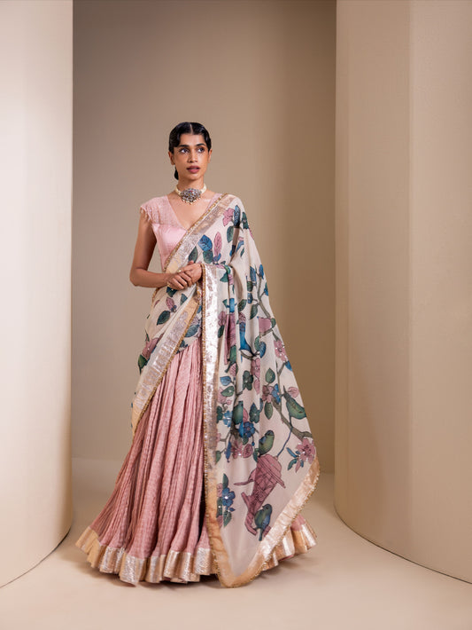 Gulabi Noor Lehenga Set With Birds Outside Cages Kalamkari Dupatta