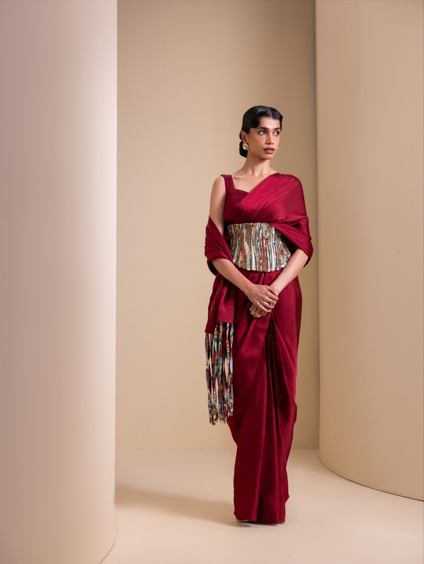 Crafted Inch Pre-Drape Saree Set with Corset Belt
