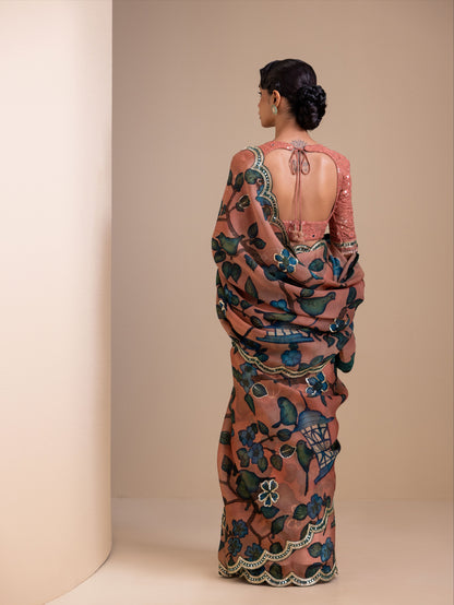 Birds Outside Cages Kalamkari Saree Set