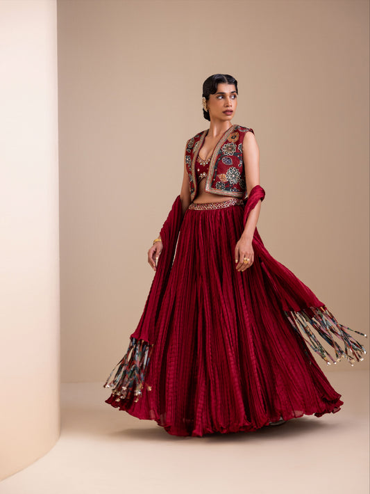 Maroon Lehenga Set With Kalamkari Jacket