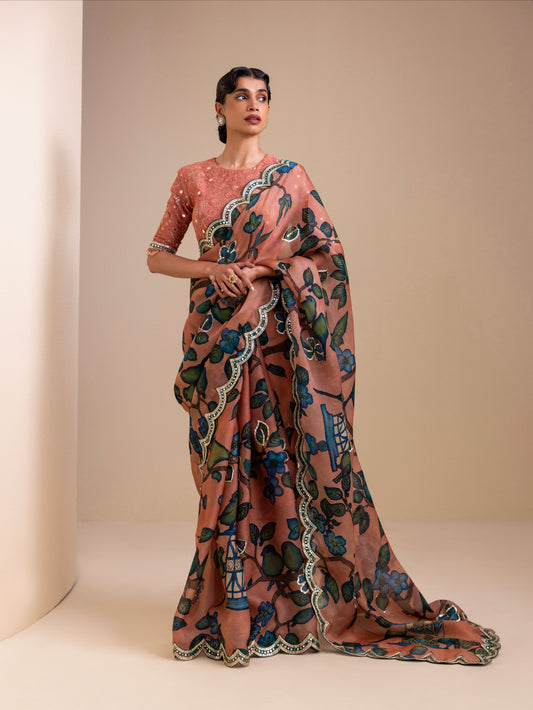 Birds Outside Cages Kalamkari Saree Set