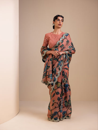 Birds Outside Cages Kalamkari Saree Set