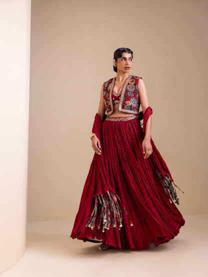Maroon Lehenga Set With Kalamkari Jacket