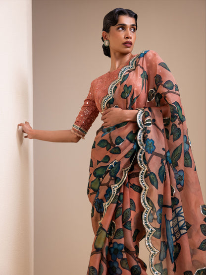 Birds Outside Cages Kalamkari Saree Set
