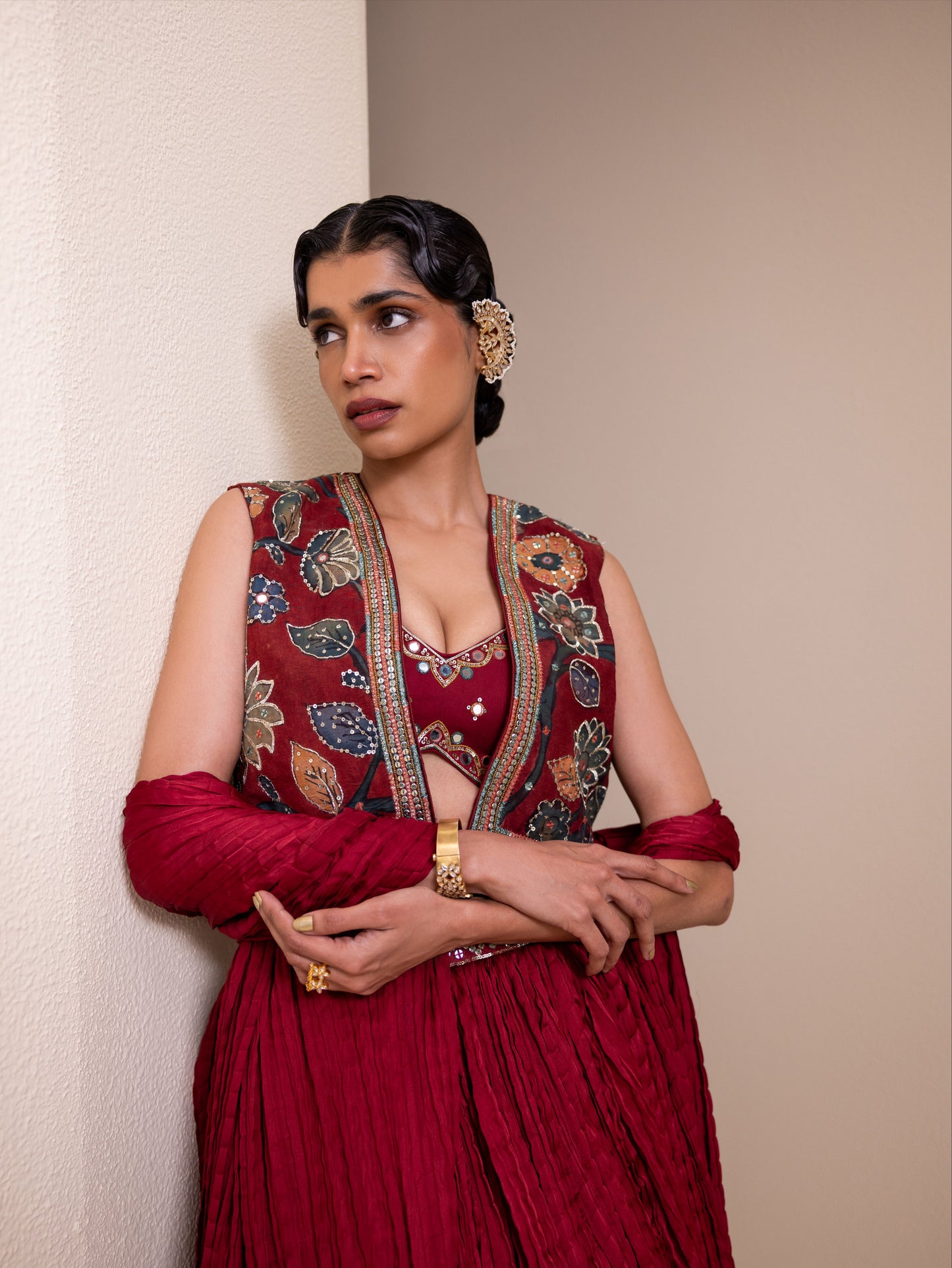 Maroon Lehenga Set With Kalamkari Jacket