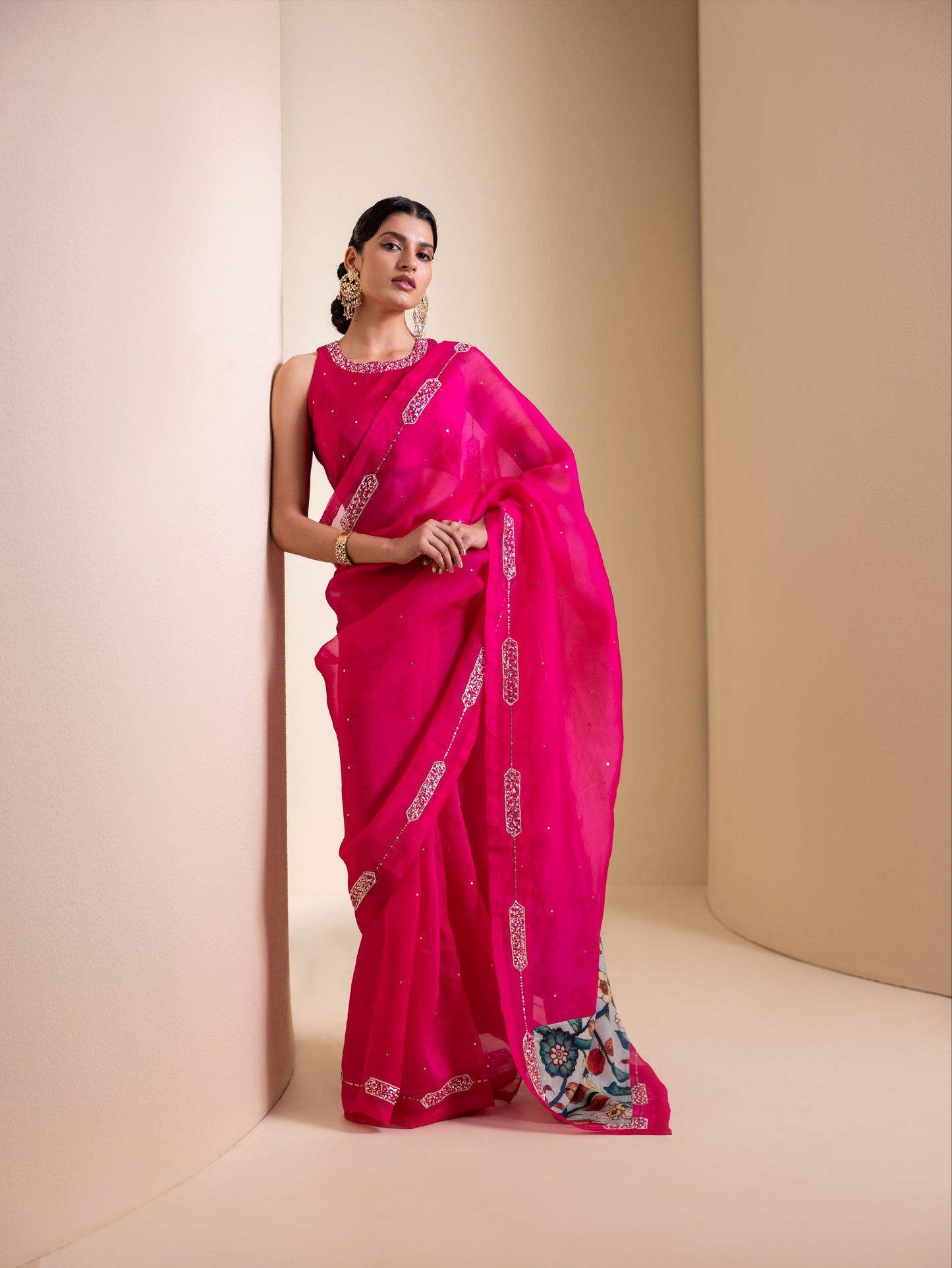 Hotpink Organza Saree Set