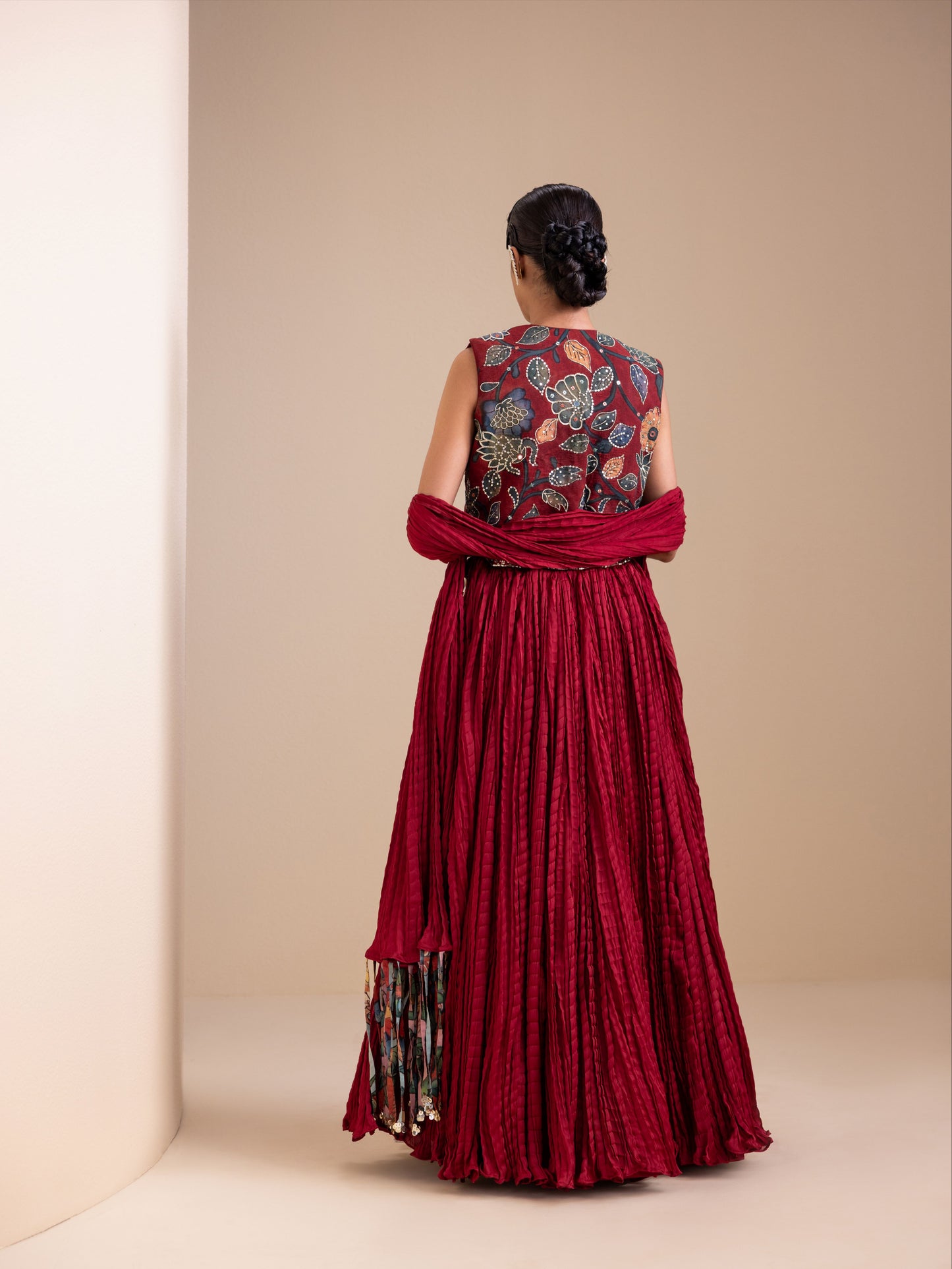 Maroon Lehenga Set With Kalamkari Jacket