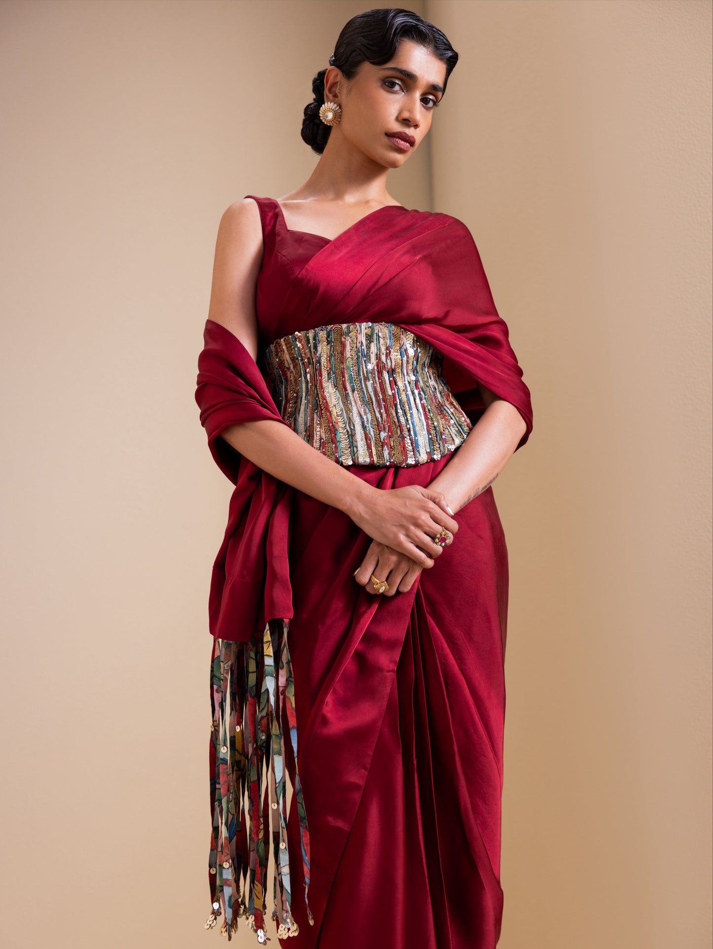 Crafted Inch Pre-Drape Saree Set with Corset Belt