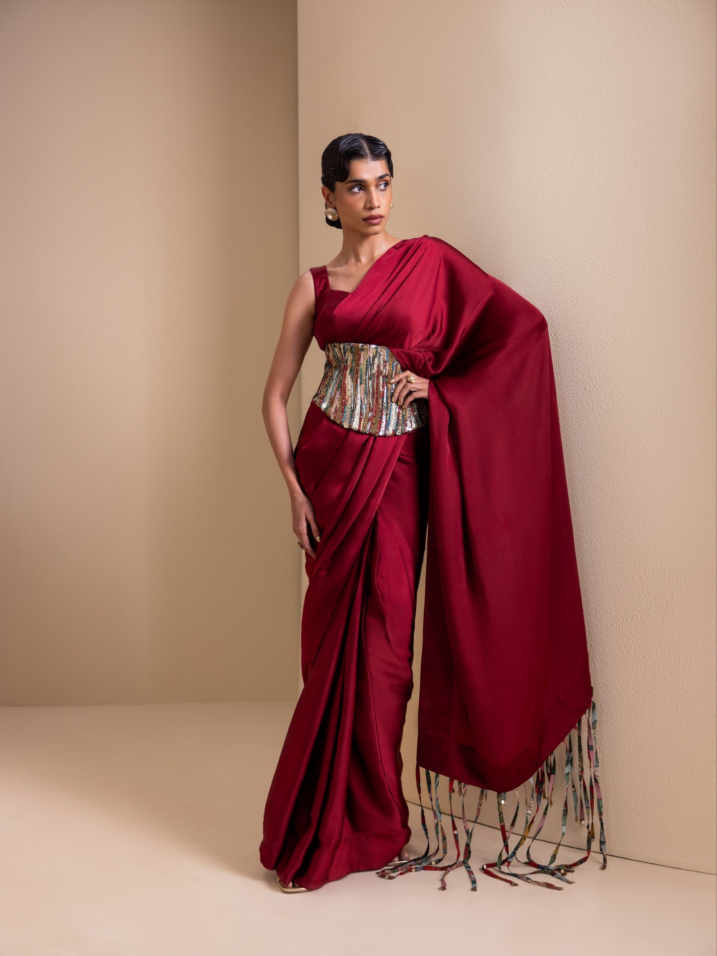 Crafted Inch Pre-Drape Saree Set with Corset Belt