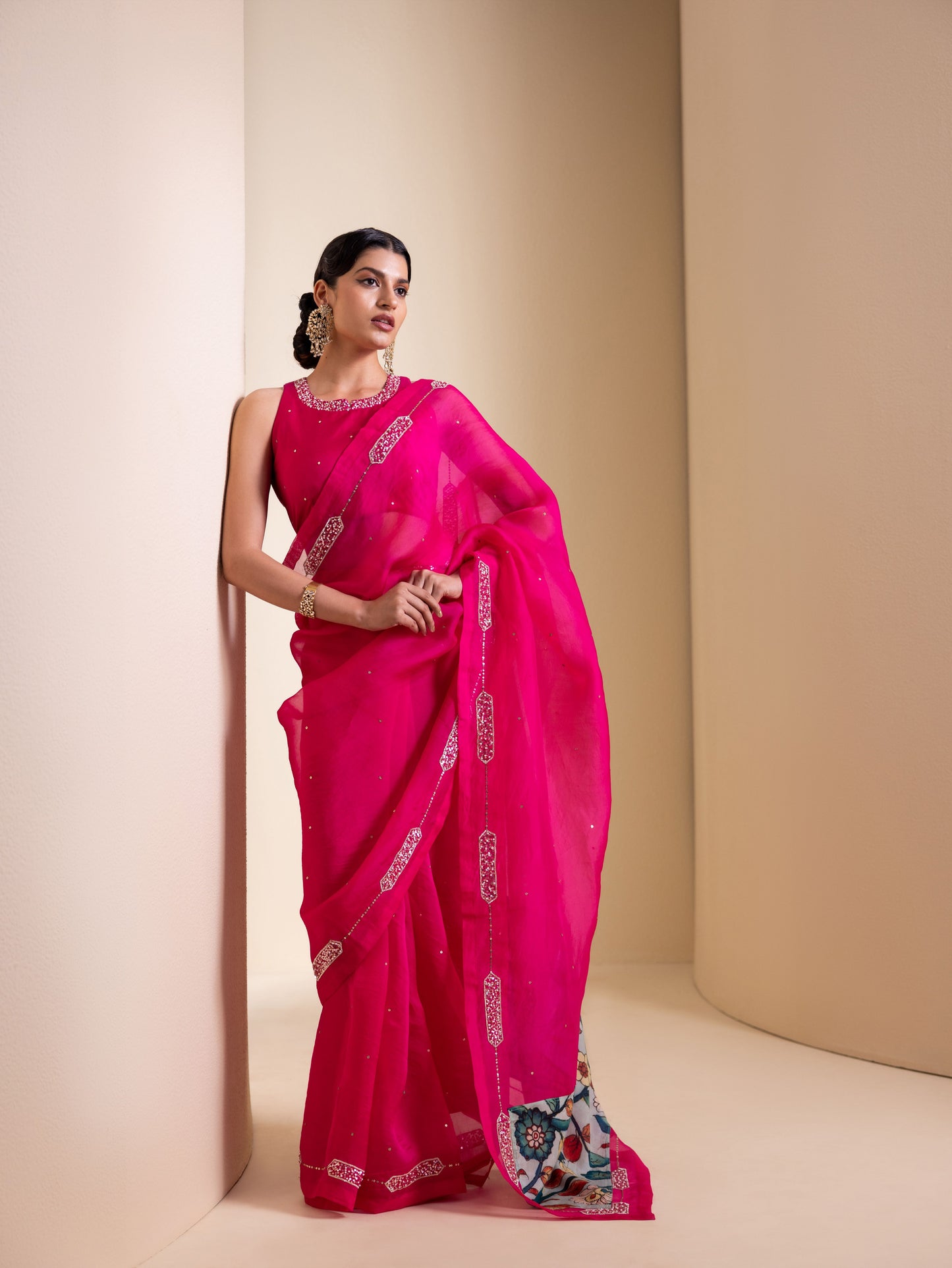 Hotpink Organza Saree Set