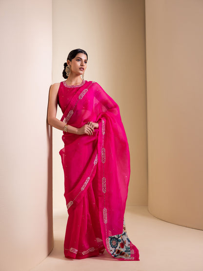 Hotpink Organza Saree Set