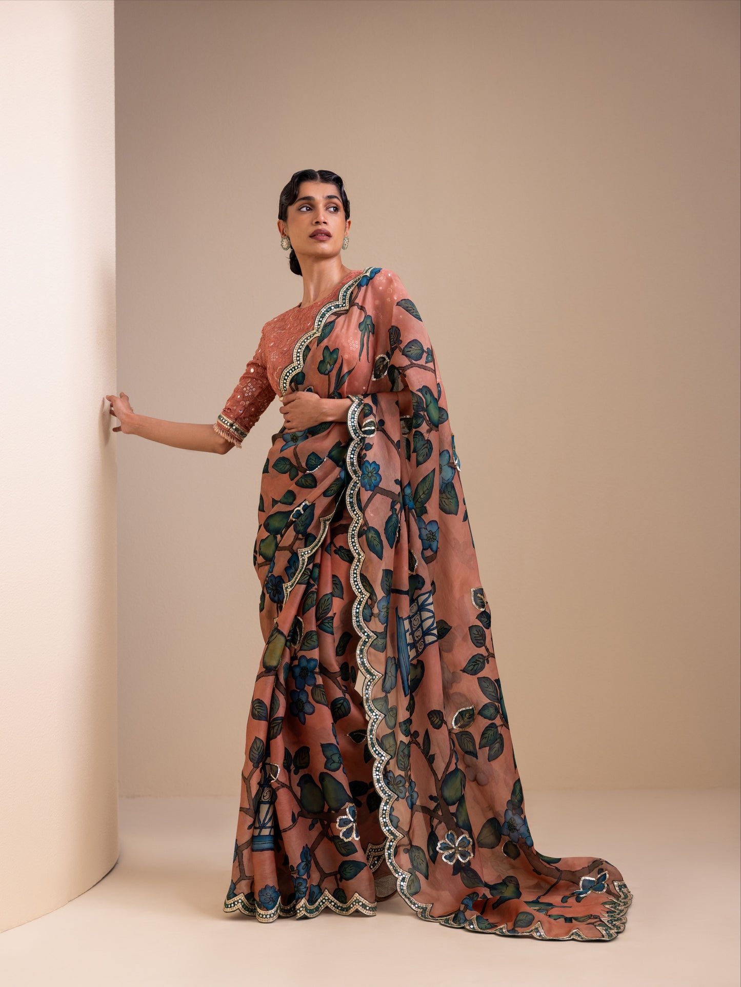 Birds Outside Cages Kalamkari Saree Set