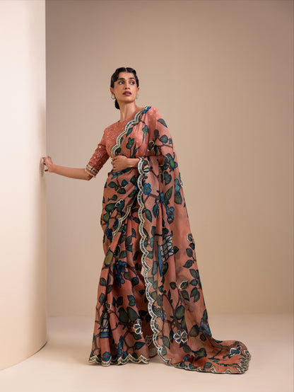 Birds Outside Cages Kalamkari Saree Set