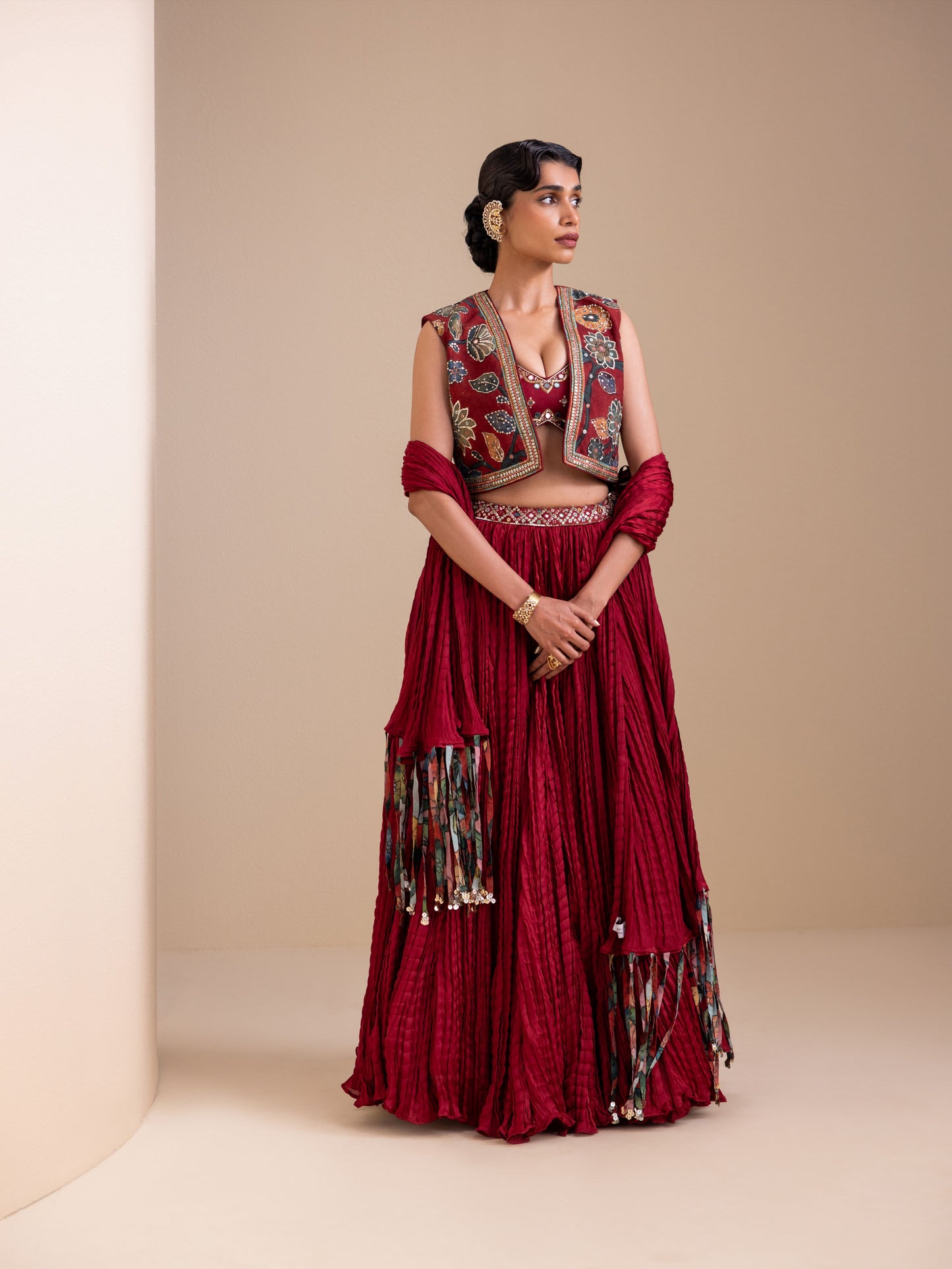 Maroon Lehenga Set With Kalamkari Jacket