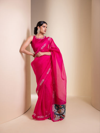 Hotpink Organza Saree Set