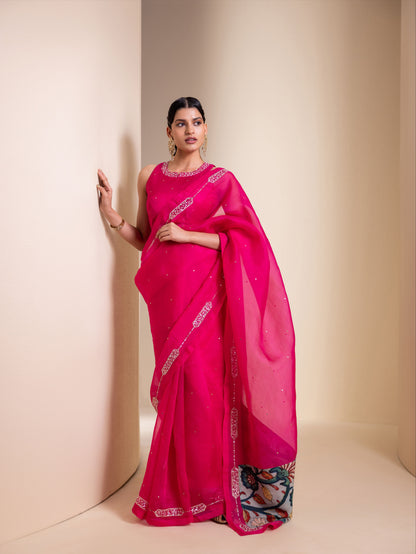 Hotpink Organza Saree Set