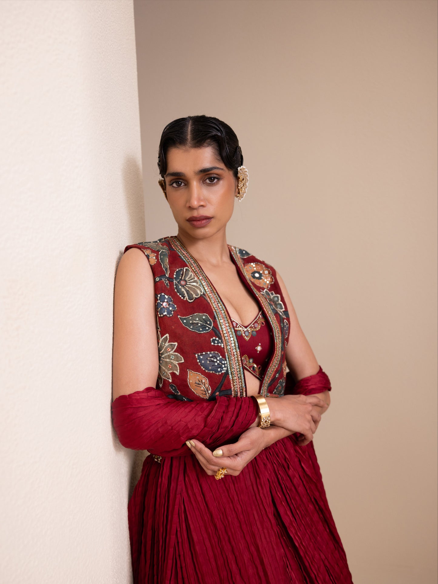 Maroon Lehenga Set With Kalamkari Jacket
