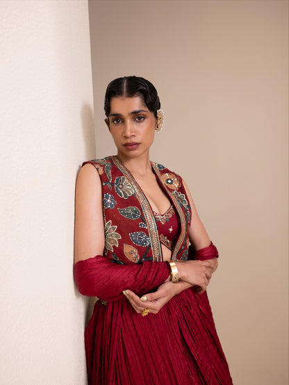 Maroon Lehenga Set With Kalamkari Jacket