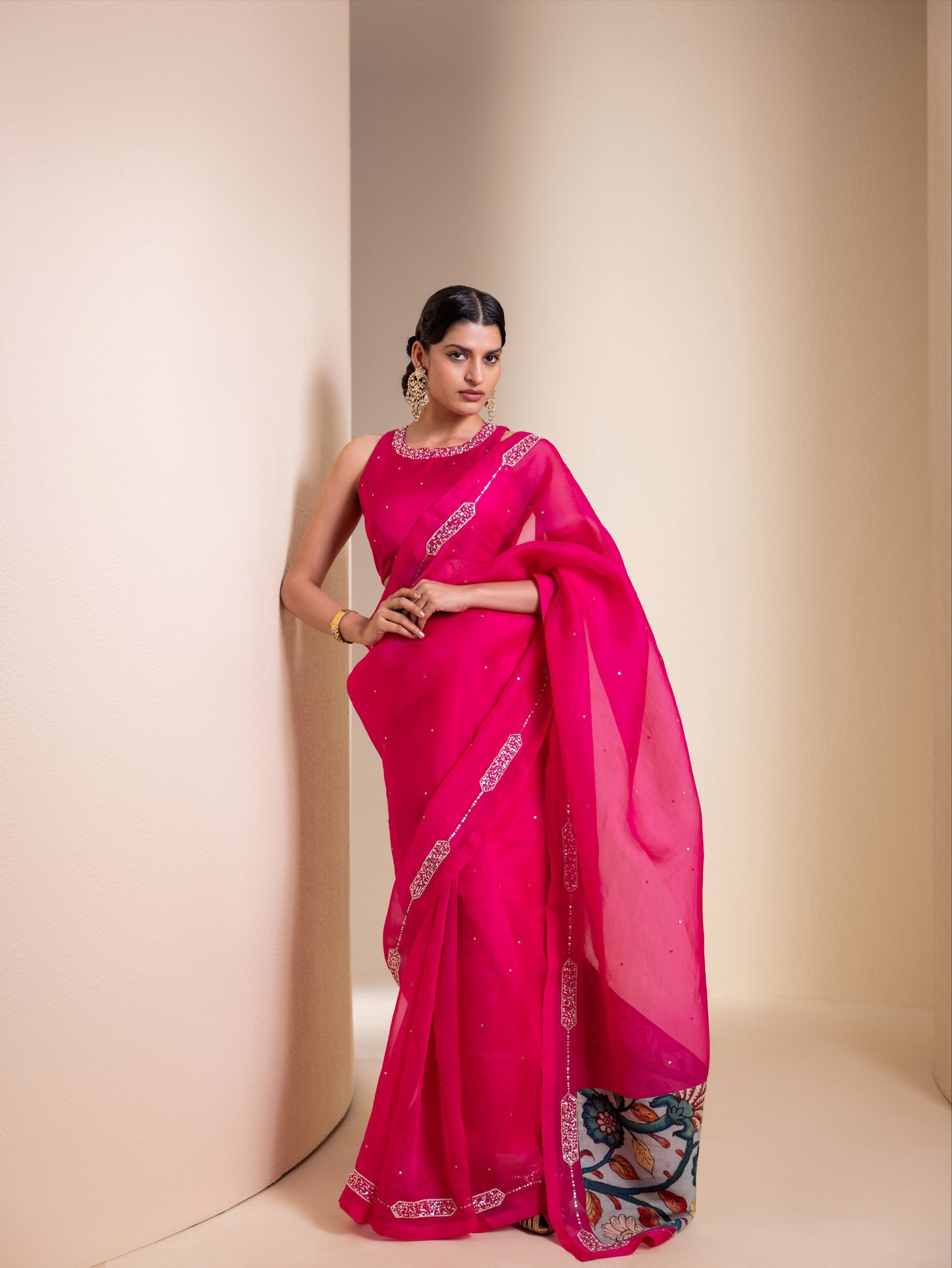 Hotpink Organza Saree Set