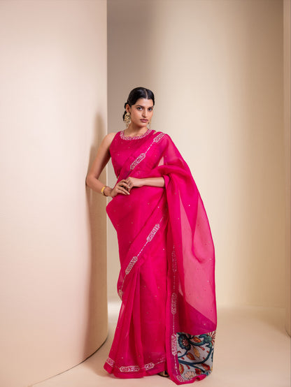 Hotpink Organza Saree Set