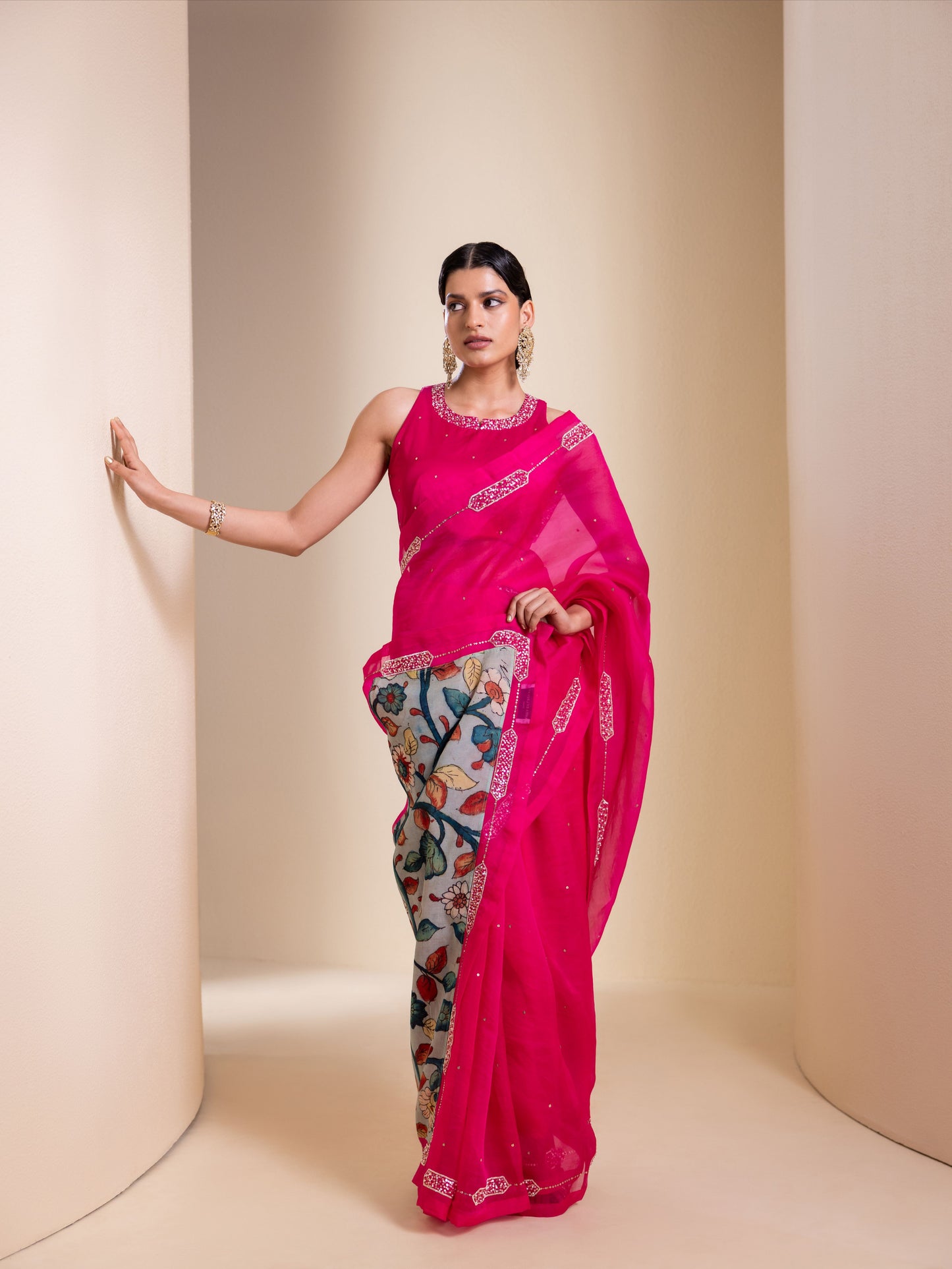 Hotpink Organza Saree Set