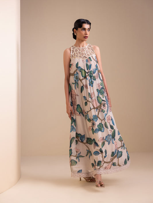 Birds Outside Cages Ivory Kalamkari Maxi