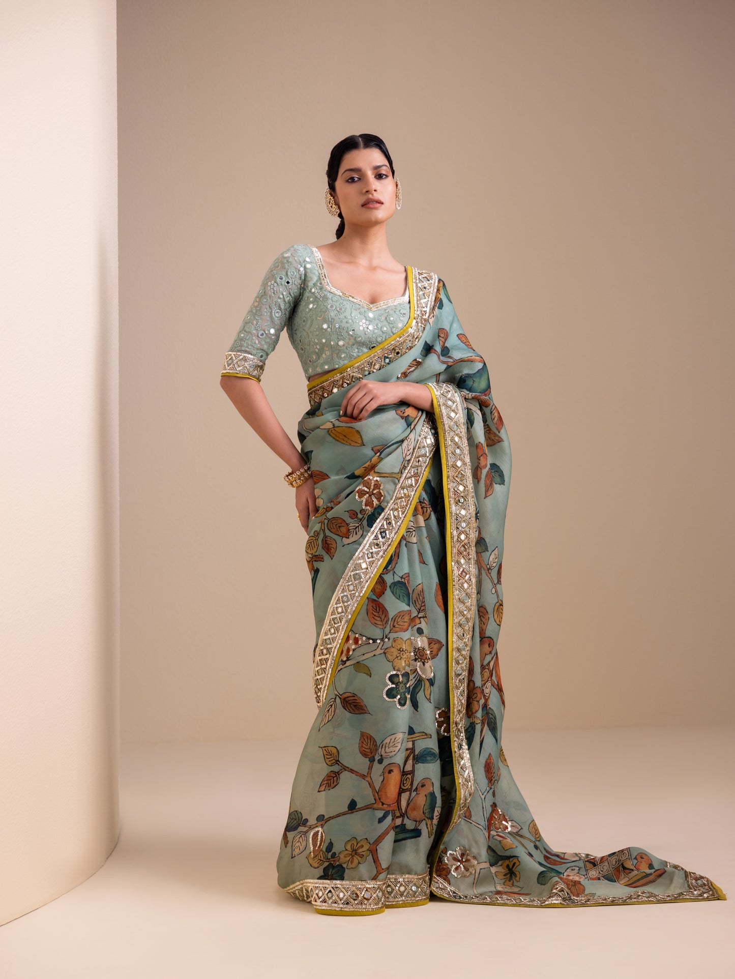 Birds Outside Cages Kalamkari Saree Set