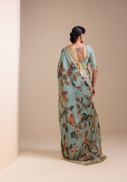Birds Outside Cages Kalamkari Saree Set